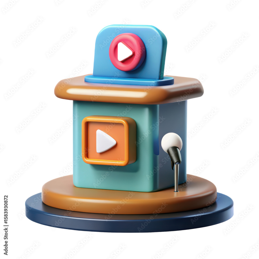 Poster a stylized 3d illustration representing media and presentation tools including a play button and a m