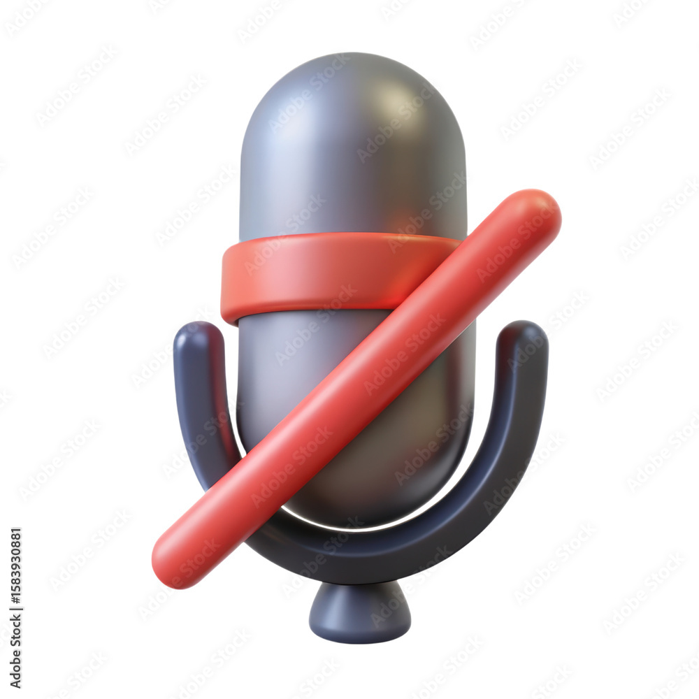 Poster a stylized 3d rendering of a muted microphone with a red ban across the design representing a silent