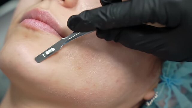 Professional Dermaplaning Treatment on Woman's Face With Surgical Blade in Spa Setting