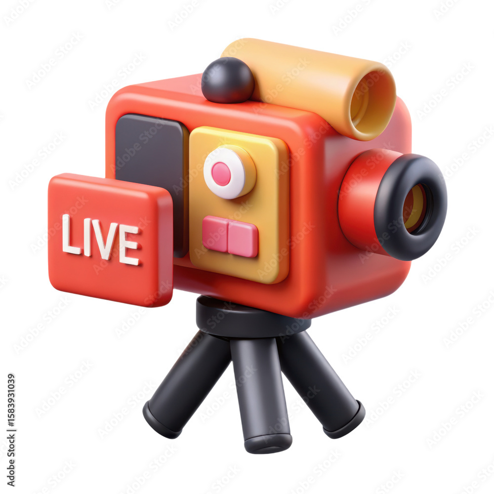 Poster a vibrant 3d rendering of a broadcast camera icon ready for live streaming and video production set 