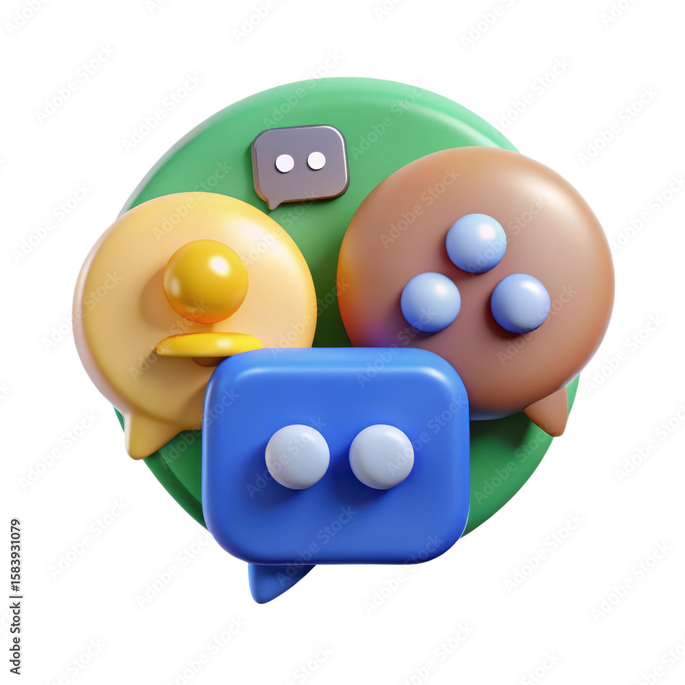 Poster a vibrant 3d rendering of various colorful chat bubbles icons arranged in a unique plastic-style aes