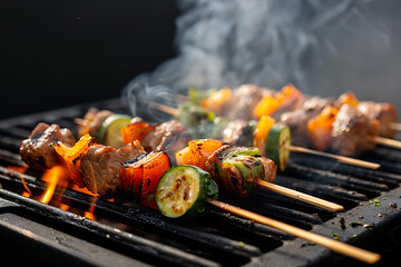 outdoor cooking party, barbecue filled with colorful skewers, steam rising from it