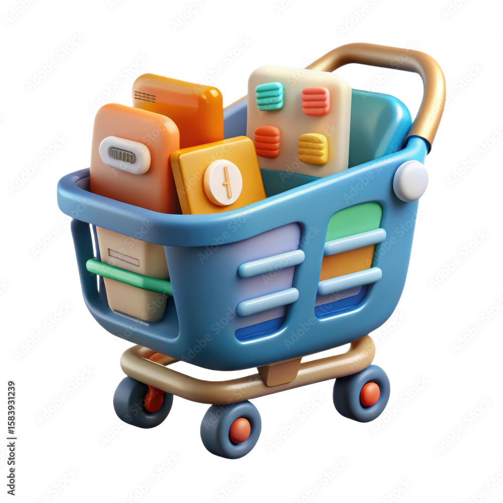Poster a vibrant and high quality 3d rendering of a plastic-style shopping cart filled with various colorfu