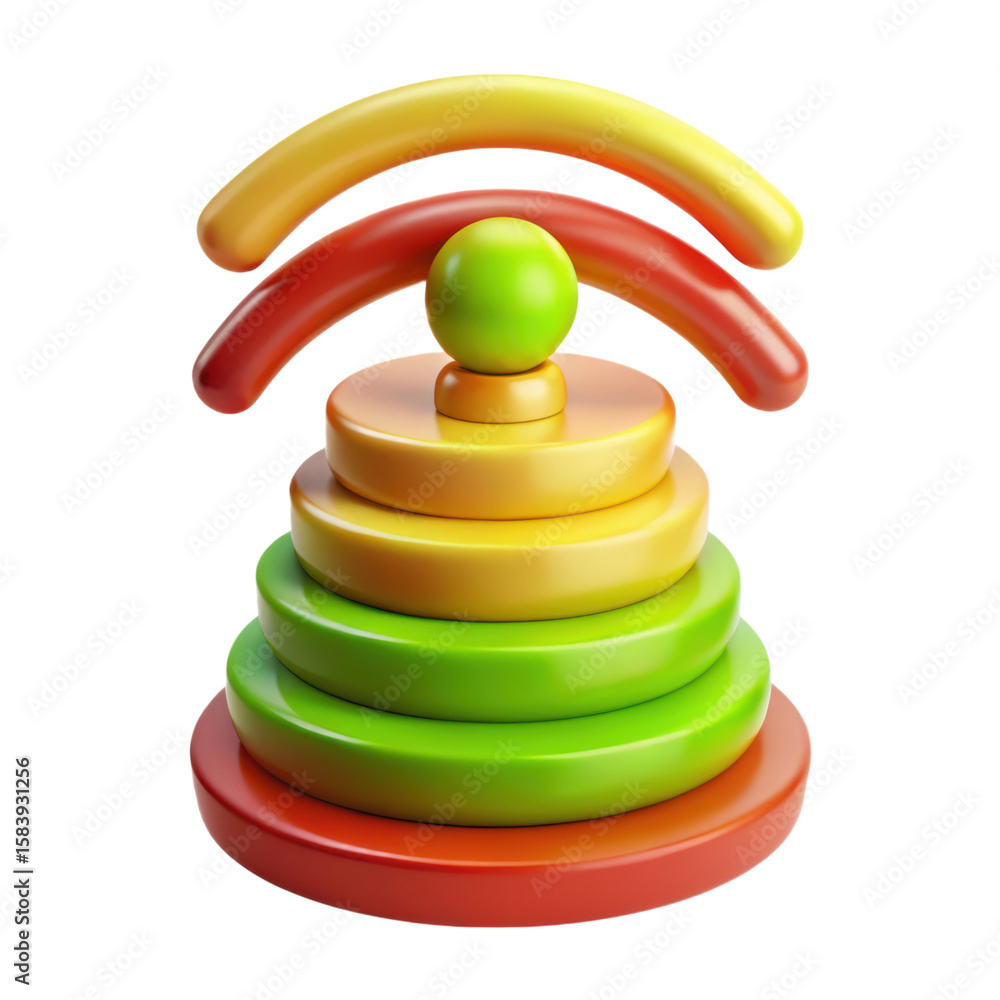 Poster a vibrant and playful high-quality 3d rendering of a stacked circular toy with a wi-fi symbol, all s