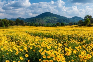 Obraz premium Vibrant Yellow Sunflower Fields Nestled on Hillside at Doi Mae: A Nature-Inspired Landscape