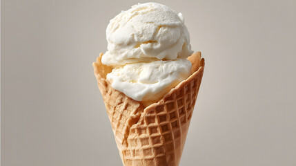 Delicious creamy vanilla ice cream scoops in a crisp waffle cone on a minimalist background