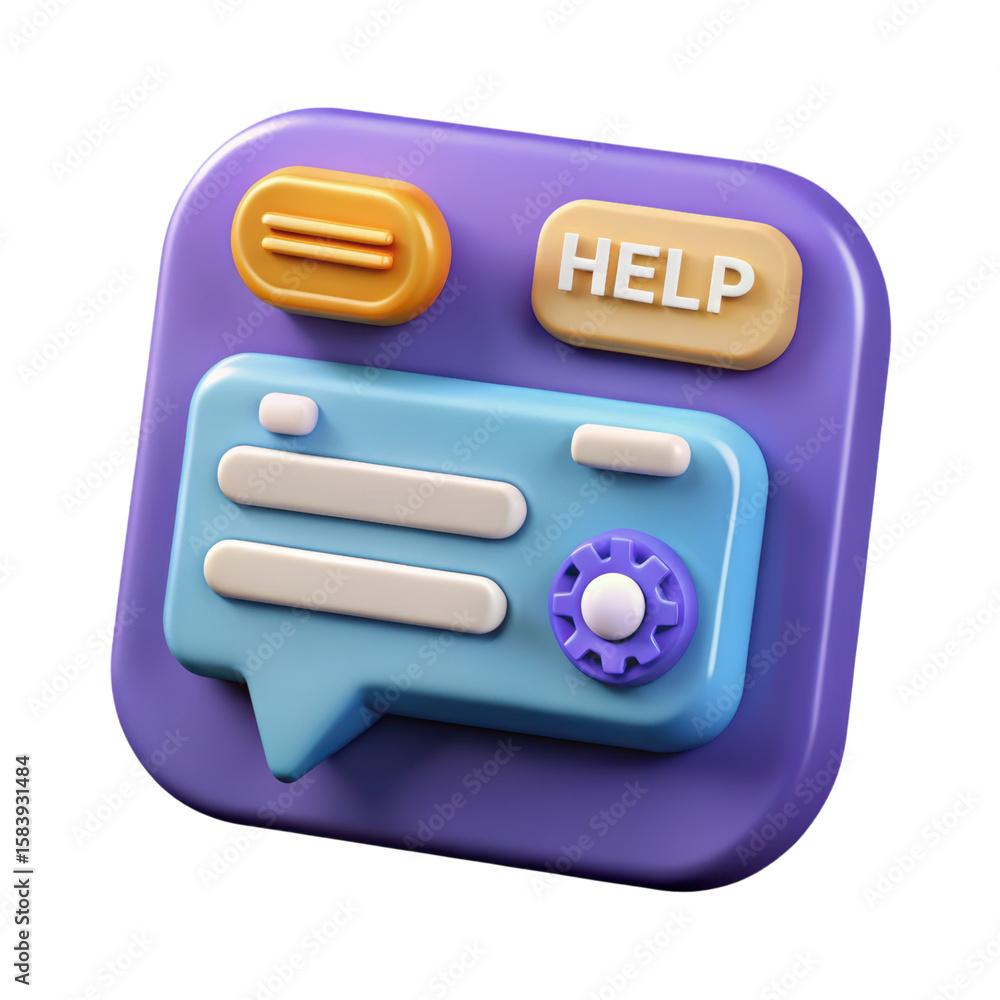 Poster a vibrant high quality 3d rendering plastic-style icon depicts online help chat with a settings butt