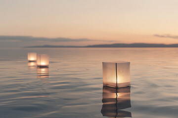 japanese lanterns, japanese lanterns drifting on water at dusk, creating a serene atmosphere
