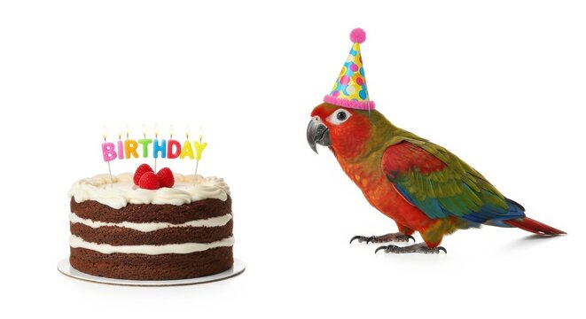 parrot wearing a birthday hat with a birthday cake, party celebration image, white background
