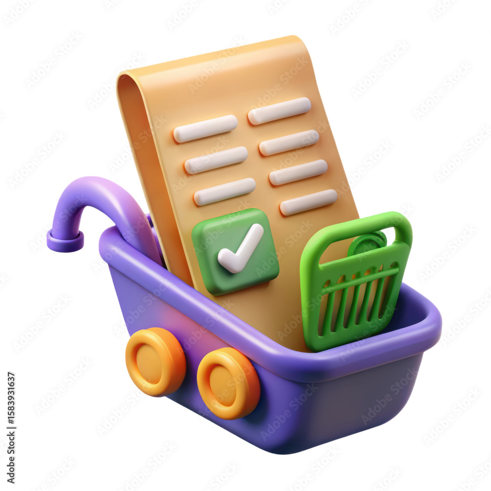 Poster a vibrant illustration of a completed checklist with a checkmark and a basket, displayed in a shoppi