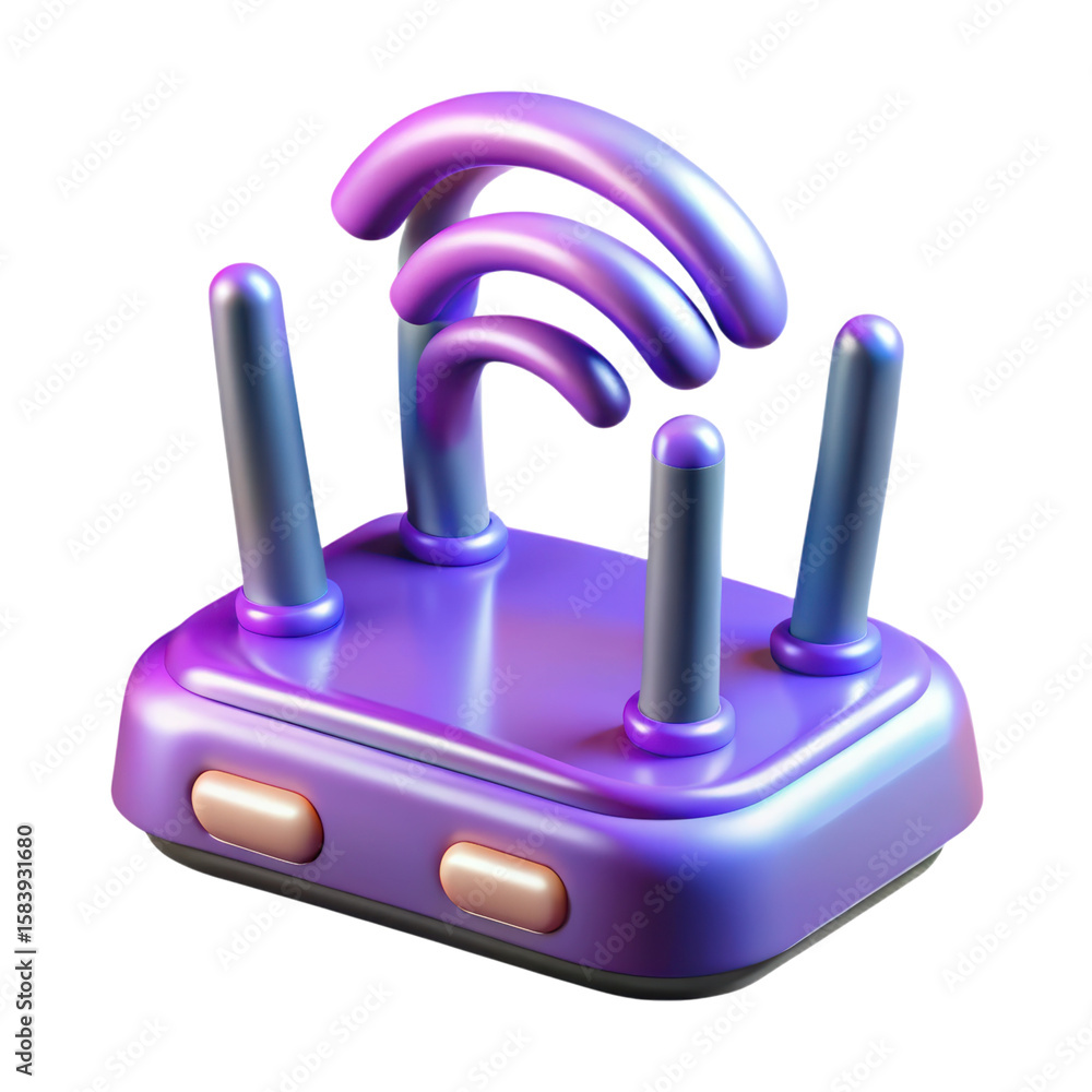 Poster a vibrant purple and blue 3d rendering of a wireless router internet access symbol on a white backgr