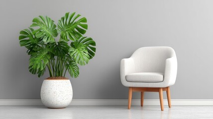Fototapeta premium White Armchair and Monstera Plant in Minimalist Room