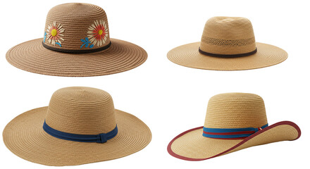 set of stylish straw hats with floral decoration and ribbons on a white backgroundn 