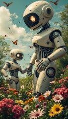Robots walking and interacting among colorful flowers in nature  