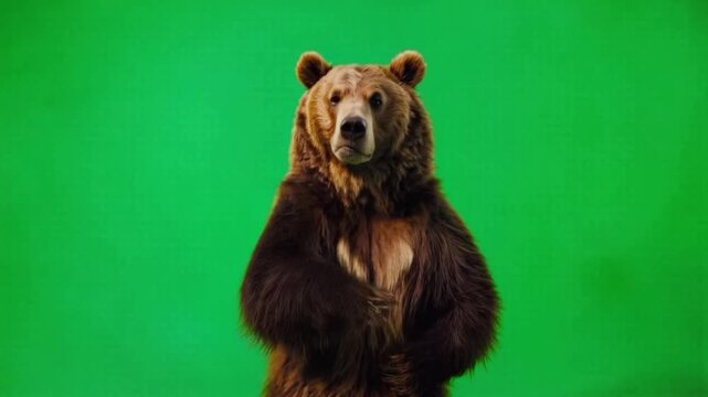 Brown bear standing upright against a vibrant green screen background in studio setting green screen animal video