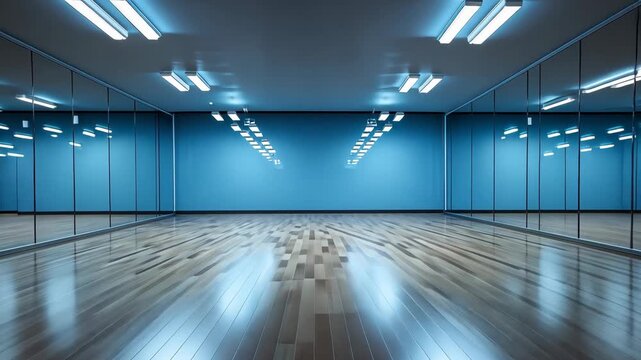 A large, empty room with a blue wall and wooden floors. The room is lit with bright lights, creating a bright and open atmosphere