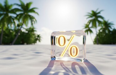 Gold percent sign encased in ice cube on beach shore surrounded by tropical palms, reflecting contrast between heat and frozen deals in summer