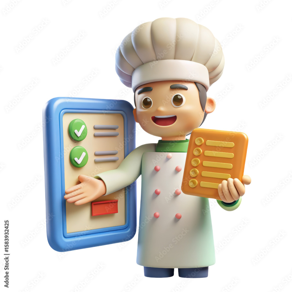 Poster chef character presenting a completed checklist with a digital tablet and paper menu, high quality 3