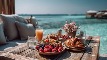 Exotic Beach Breakfast:  A Table of Fresh Fruits Pastries and Juice