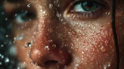 Woman face splashed with refreshing water droplets