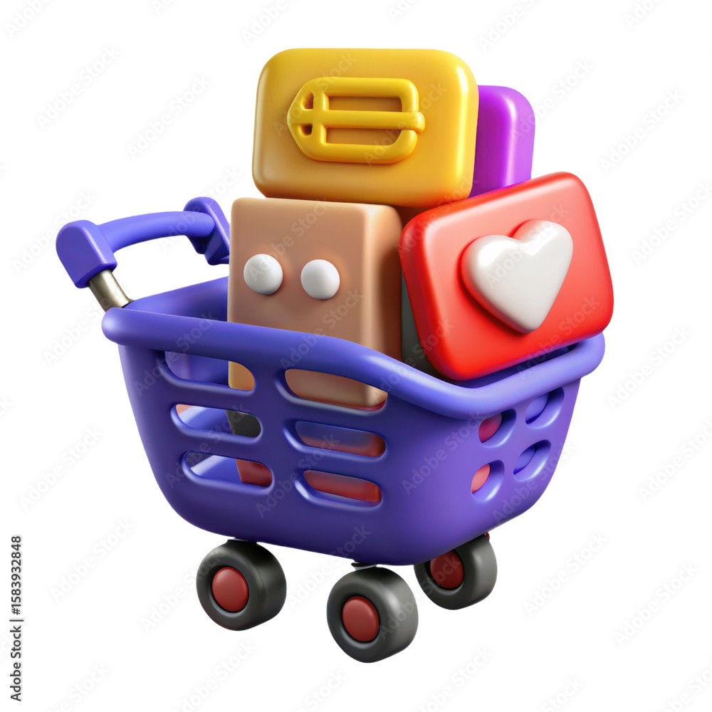 Poster creative 3d rendering of a shopping cart filled with social media and e-commerce icons representing 