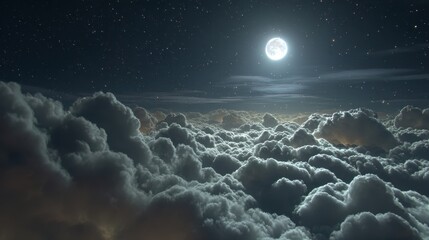 Majestic Night Flight Over Lush Cumulus Clouds Under a Bright Full Moon and Starry Sky