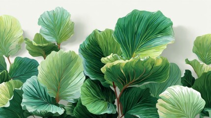 Lush Green Tropical Leaves on White Background