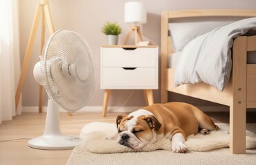 Overheated young bulldog sprawled near fan asleep on floor in stuffy bedroom trying to stay cool during heatwave without fresh air