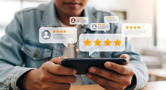 Customer feedback reviews influencing purchasing decisions through online user experiences and star ratings impacting consumer trust and satisfaction levels impacting business growth