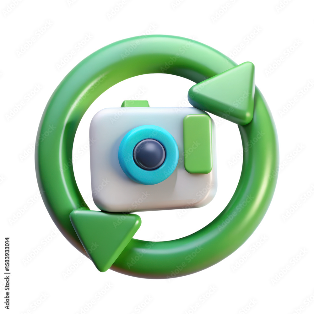 Fototapete digital camera icon depicted within a green circular arrow representing recycling and photography co