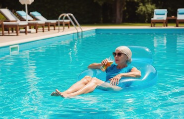 Fototapeta premium Cheerful woman on inflatable in pool with drink in hand soaking up summer rays on peaceful resort day
