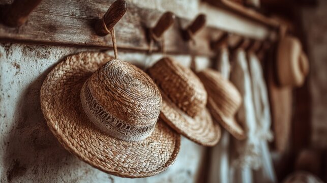 Rustic Straw Hats Hanging on Wooden Wall - Powered by Adobe