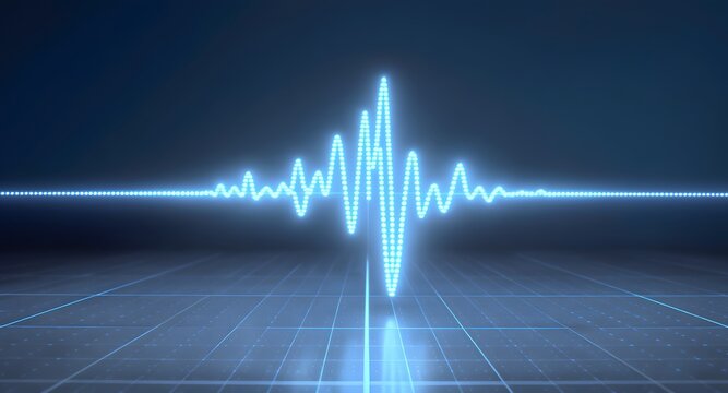 Digital sound wave graphic in blue. Abstract audio visualization on a grid background suggesting data analysis and technological themes. Ideal for music, science or data related concepts.