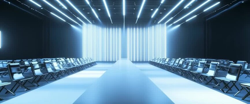 A long runway with a blue backdrop and rows of chairs. The chairs are empty and the runway is lit up