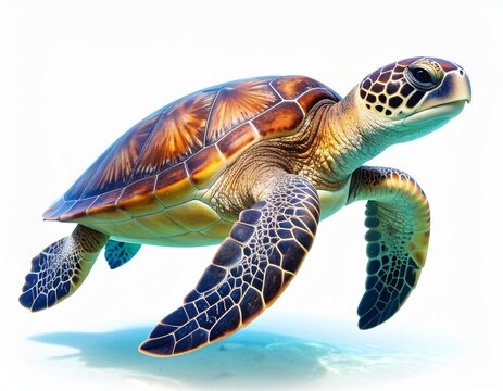 Green sea turtle gracefully glides through a vibrant coral reef, its shell adorned with marine life, showcasing the serene beauty of this aquatic reptile
