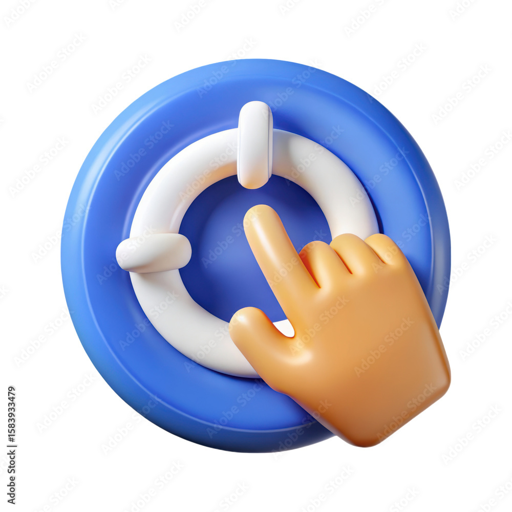 Poster high quality 3d rendering plastic-style icon of a power button being pressed by a hand on a white ba