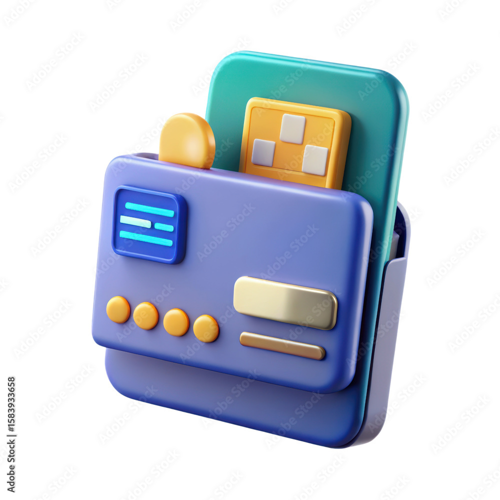 Poster illustrative 3d rendering of a digital wallet concept with a credit card and mobile phone isolated o