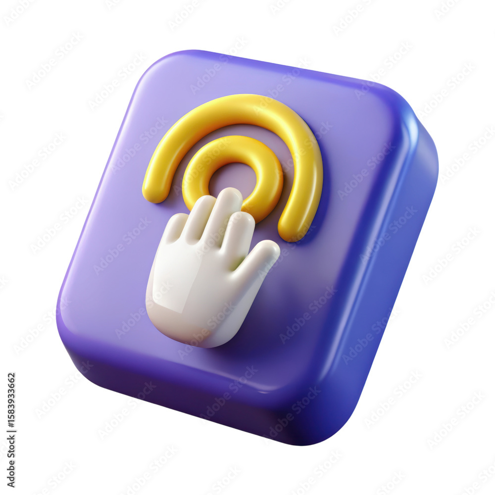 Poster illustrative 3d rendering of a wireless connection icon featuring a glossy hand gesture on a purple 