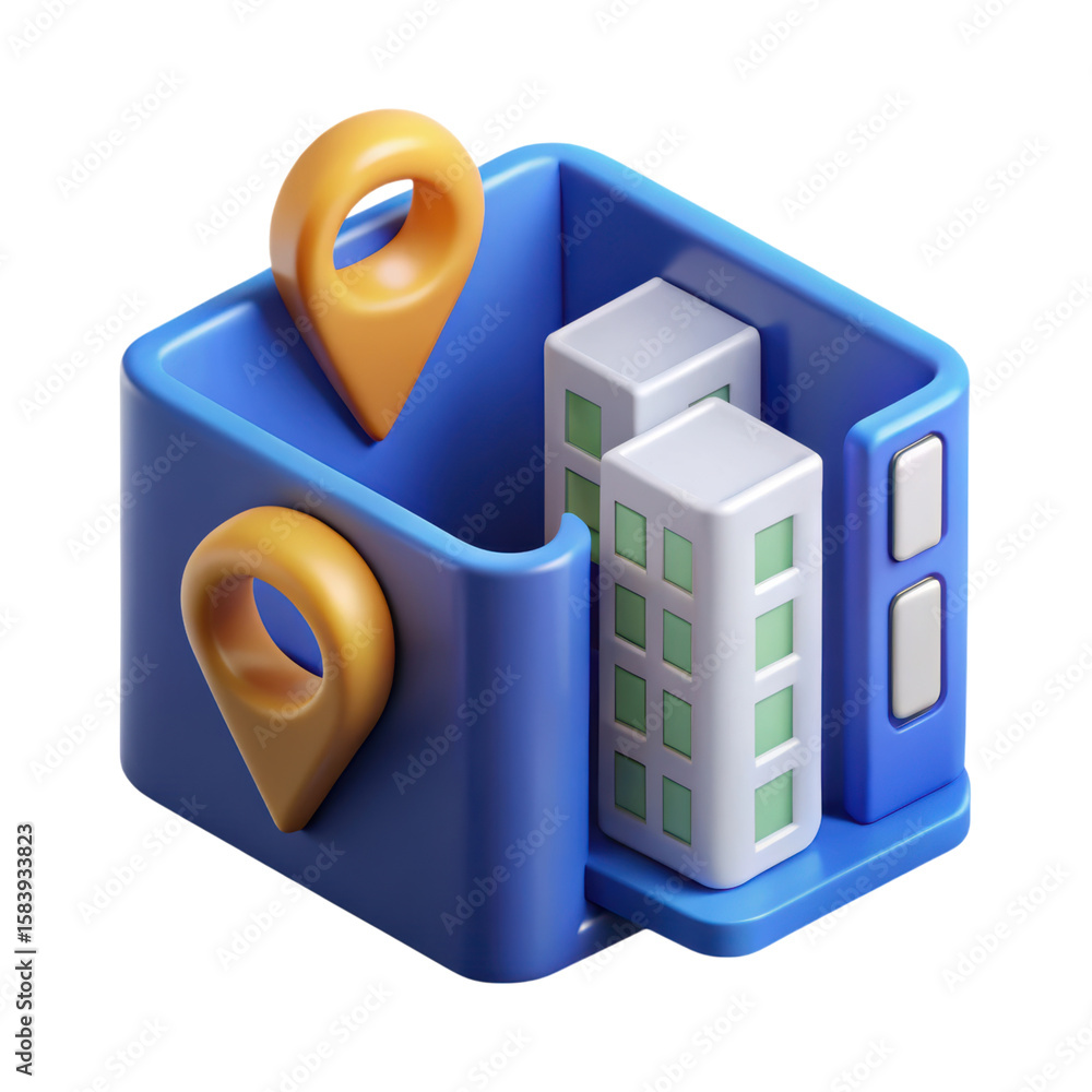 Aufkleber modern 3d rendering of a blue box holding buildings and location pointers with a clean plastic-style