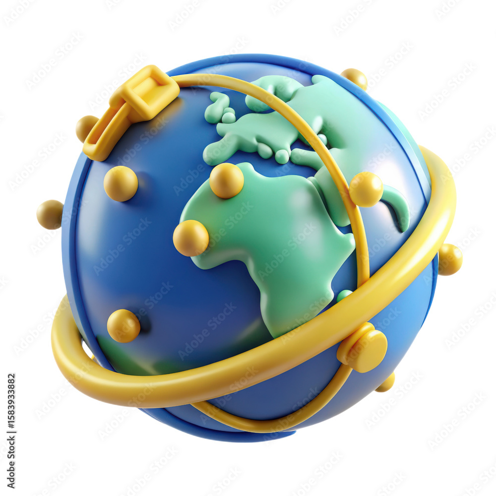 Poster modern 3d rendering of a globe icon with a yellow ring and connecting spheres suggesting global comm