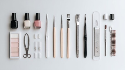 Nail art tools arranged on a white surface