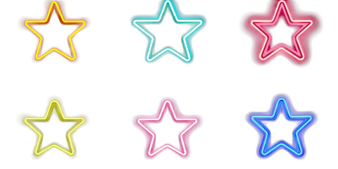 Six neon star shapes in various colors on transparent png background