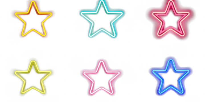 Six neon star shapes in various colors on transparent png background