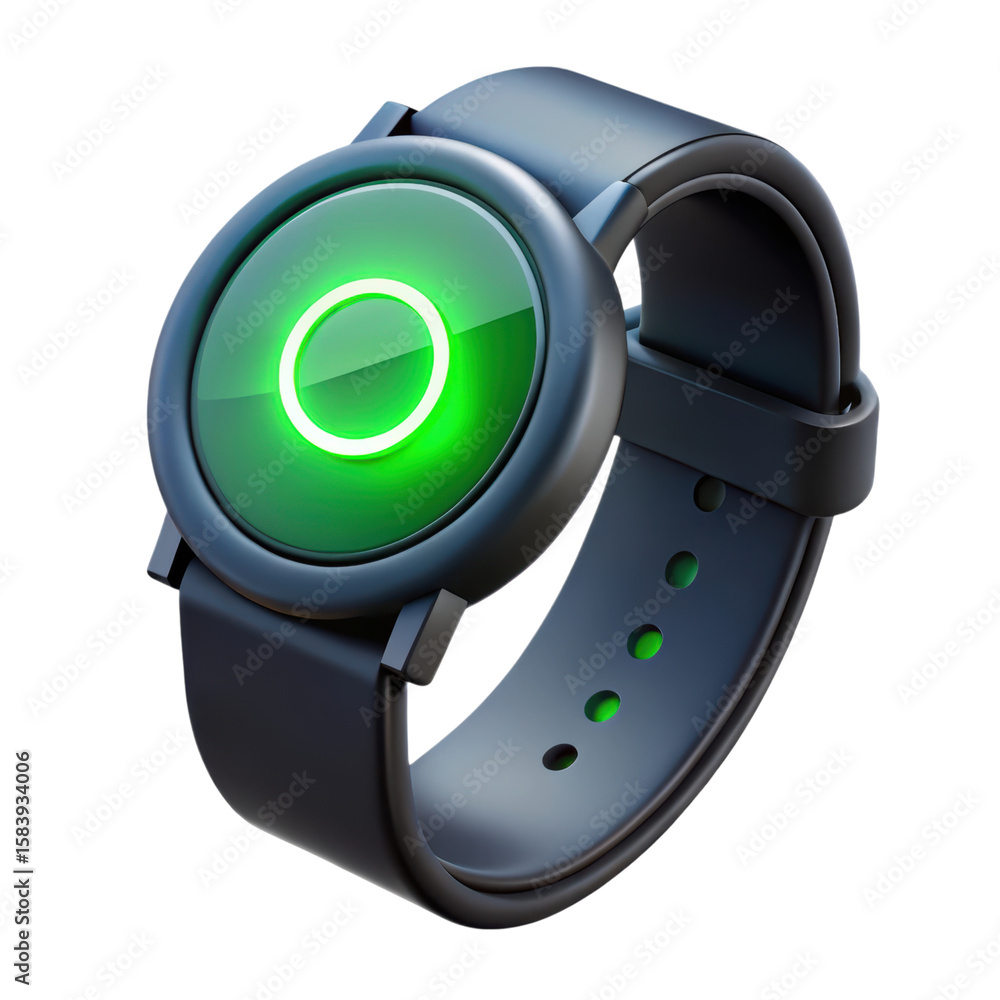 Poster modern smartwatch displaying a glowing green ui with a circular interface and stylish dark band desi