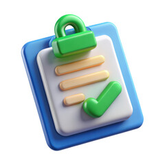 Secure checklist document concept rendered in a high quality 3d rendering with a padlock and a checkmark representing validation and security in plastic-style icon.