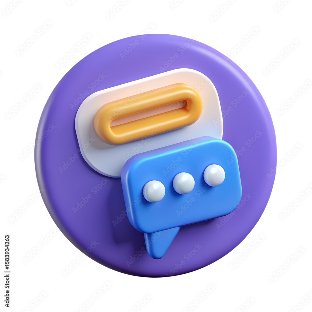 Poster vibrant 3d rendering of a chat bubble icon, rendered in a plastic-style aesthetic with a clean and v