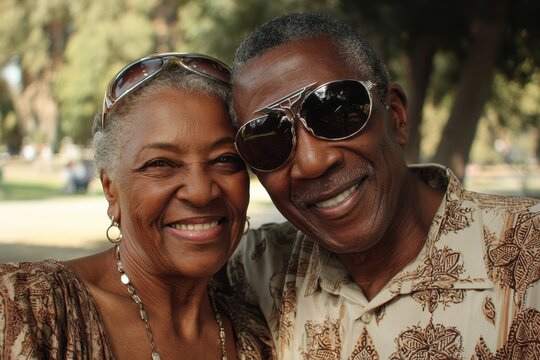 Joyful African American Married Couple in Goggles Enjoying Quality Time in a Natural Park Setting