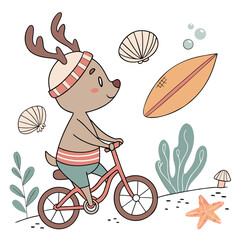 Playful Mischievous Reindeer design, styled with riding a bicycle and Ocean Dreams shades in a Under the Sea setting