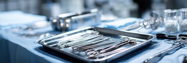 Sterilized Surgical Instruments Arranged on a Tray Next to Patient Table in Operating Room Prior to Procedure