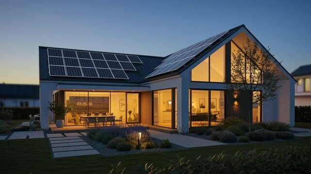 Illuminated modern house with rooftop solar panels generating sustainable electricity at dusk, showcasing renewable energy and eco friendly living in a residential setting